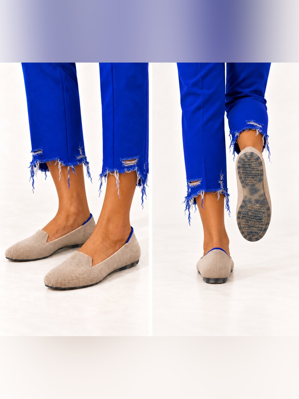 Rothy's Taupe Loafers with Blue Trim